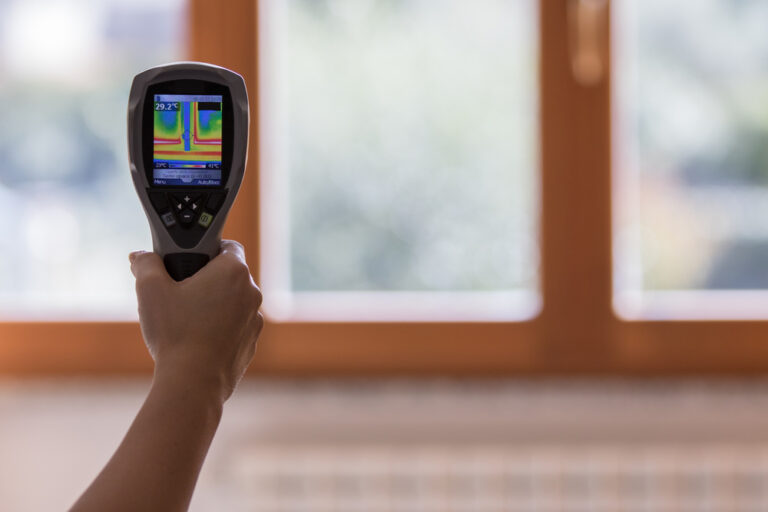 Image is of a woman holding a thermal detector up to windows, concept of energy-efficient windows