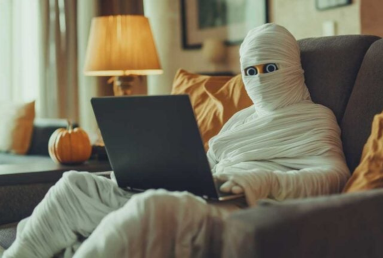 Image is of a shocked mummy looking at his laptop, concept of the cost of windows and doors