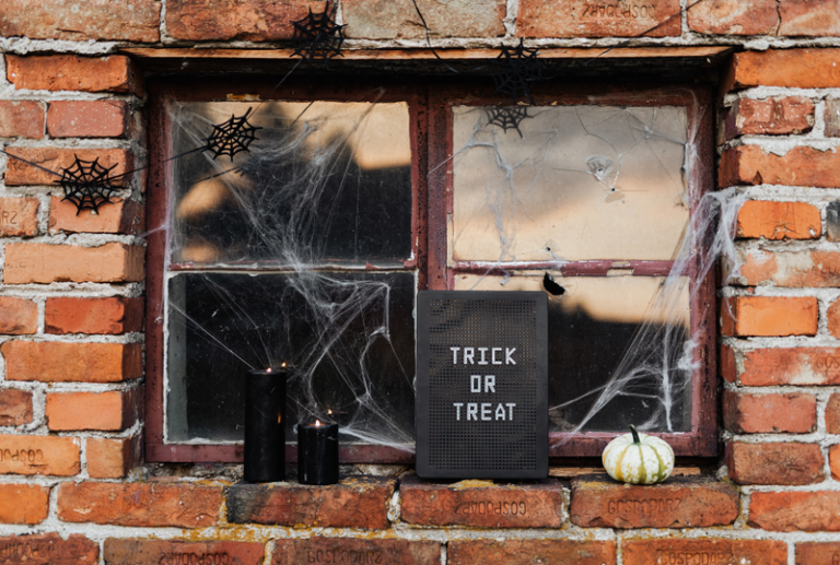 Image is of a window with Halloween decorations of spider webs, a black cat, a white pumpkin, and a sign that says trick or treat