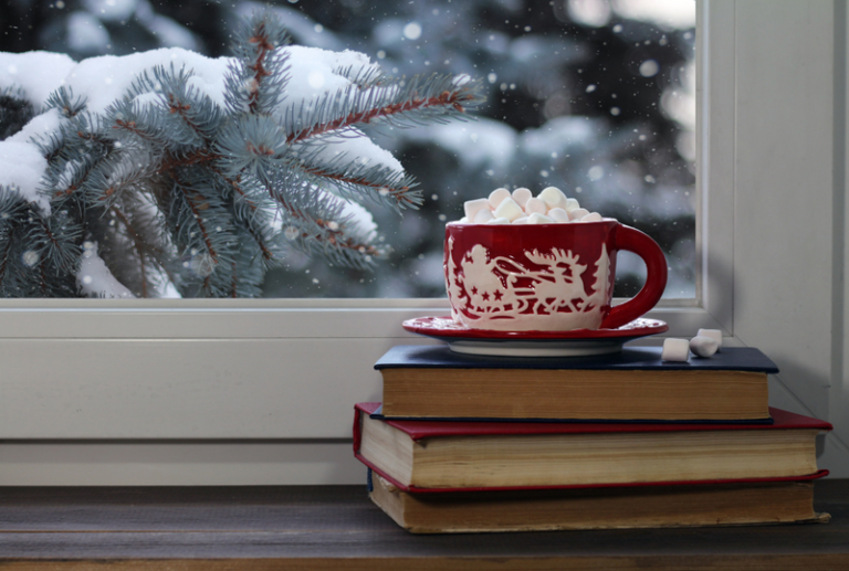 Image is of a cup of hot chocolate and books on a window sill with snow outside, concept of winter can be a great time to replace your windows and doors